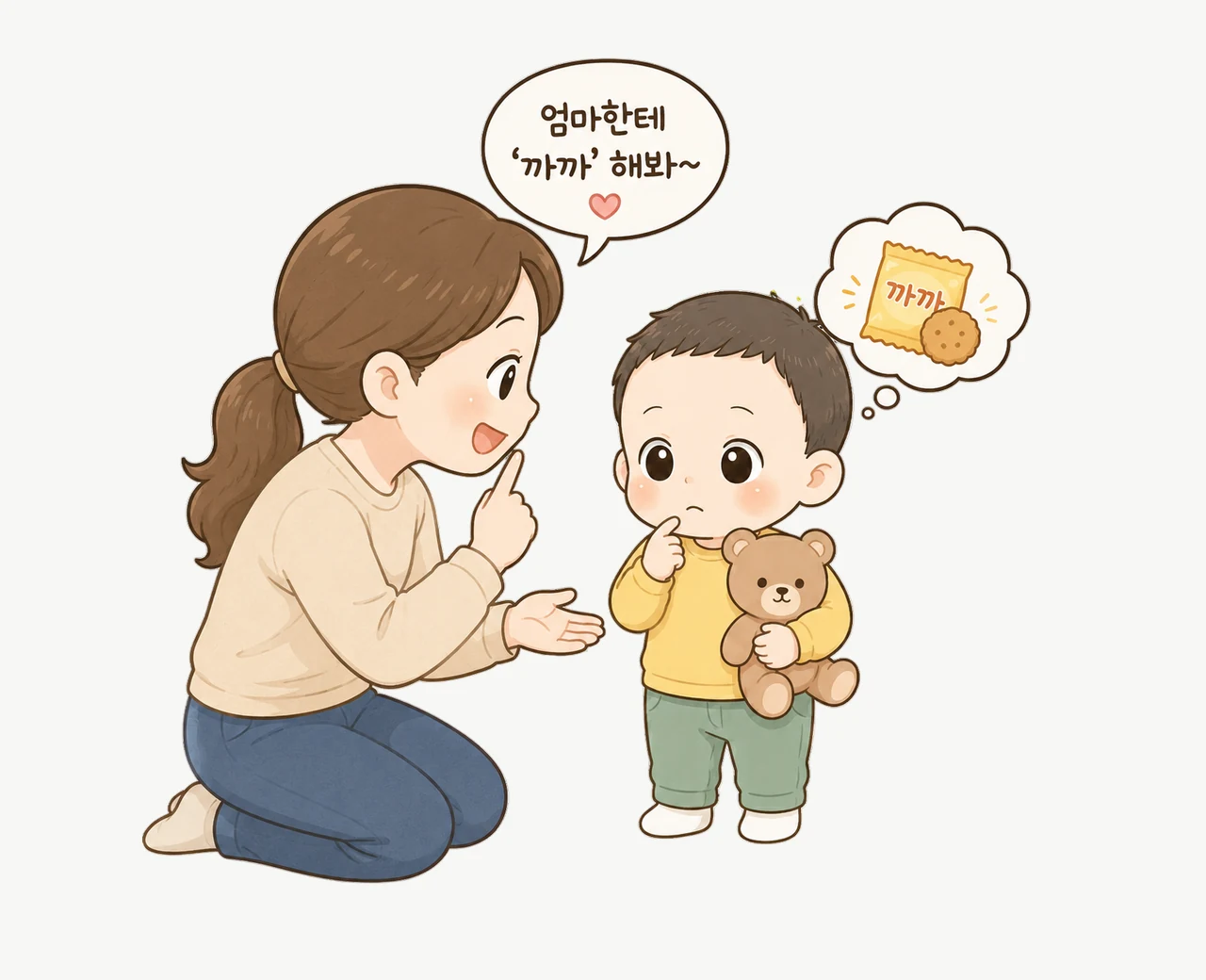 子どもに話しかける親と、ことばを思い浮かべている子どものイラスト