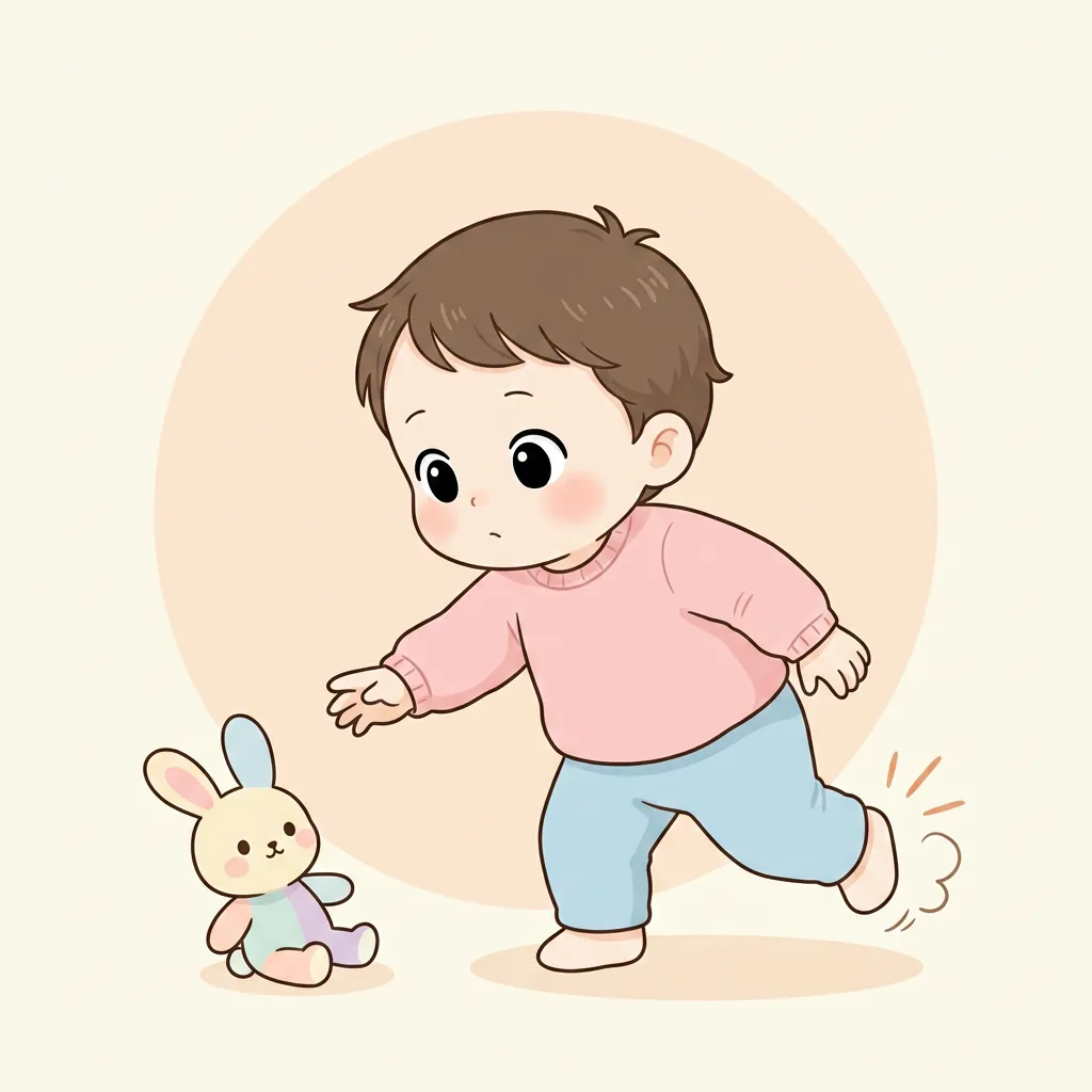 부모가 장난감 바구니를 가리키자 아이가 장난감을 손에 든 채 바라보는 장면