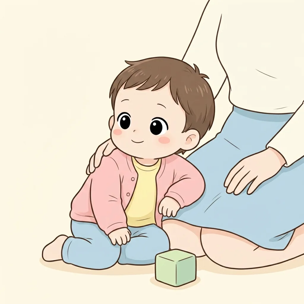 어린이집 놀이 공간에서 한 아이가 또래 옆에서 블록을 만지며 조용히 관찰하는 모습